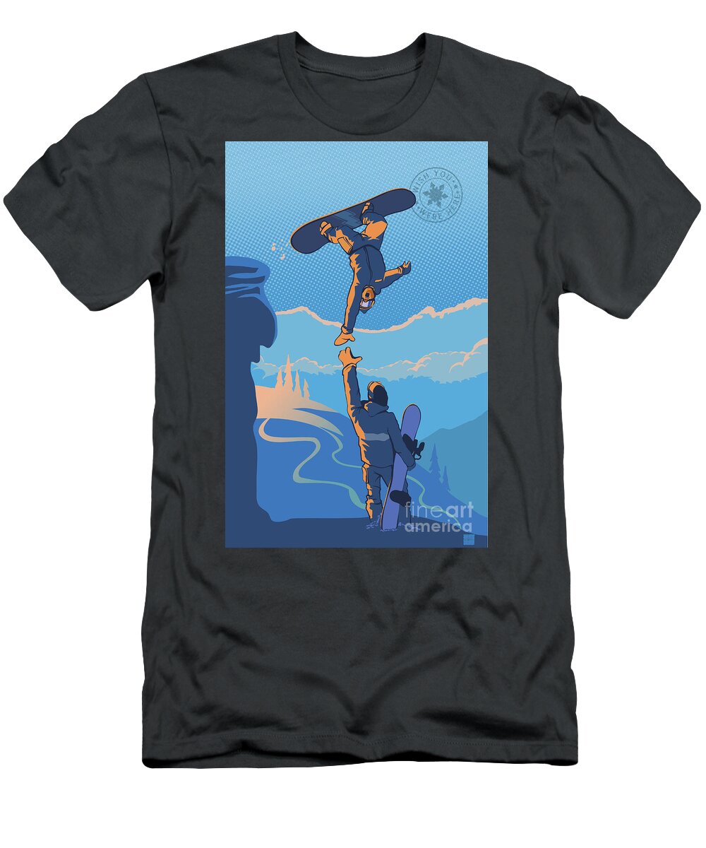 Snowboarding T-Shirt featuring the painting Snowboard High Five by Sassan Filsoof