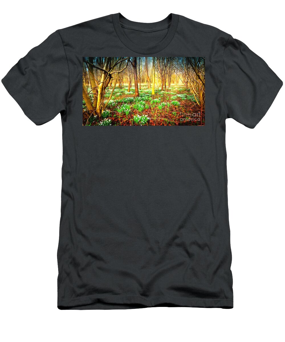 Woods T-Shirt featuring the photograph Snowdrops in the woods by Mick Flynn