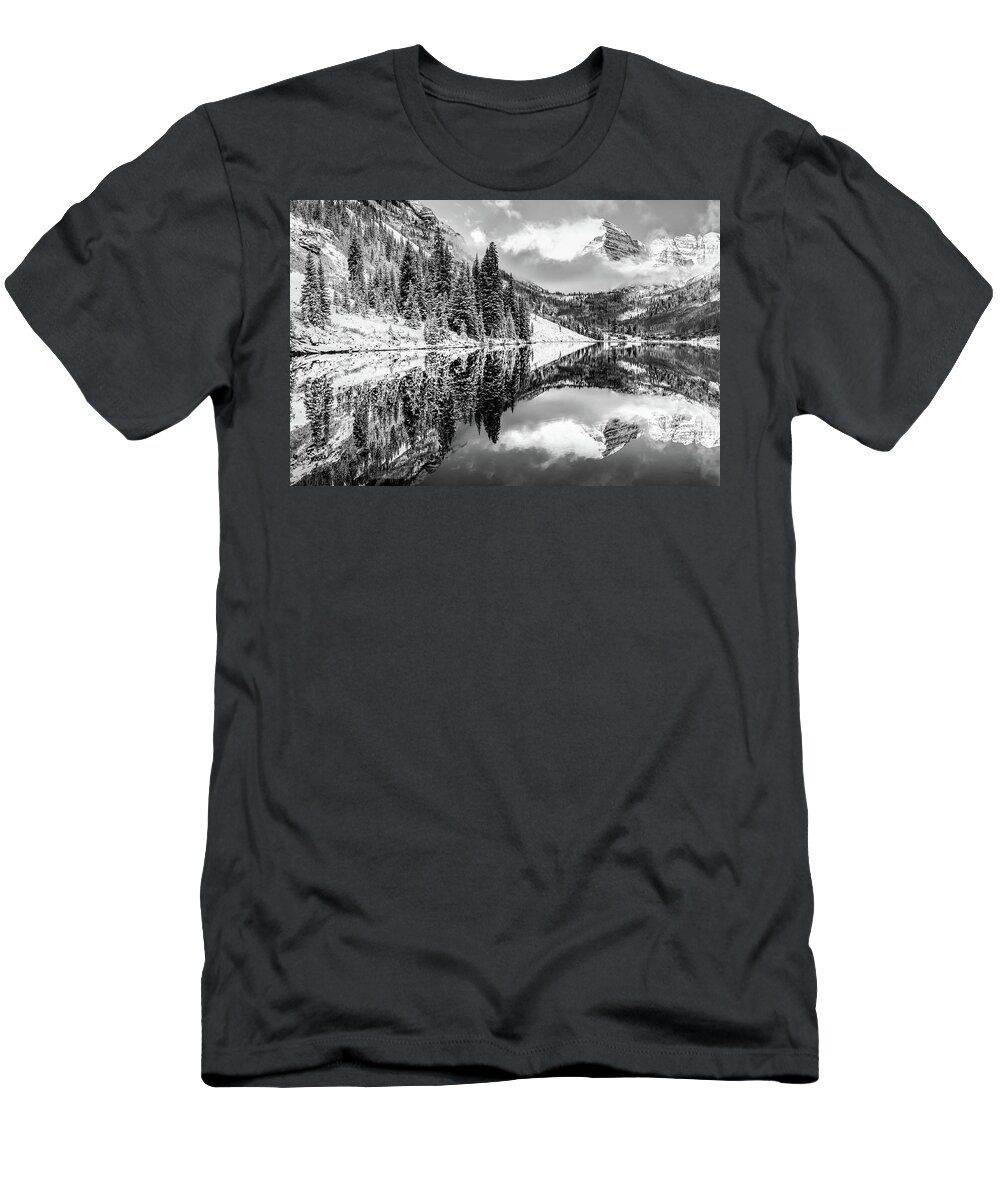 Maroon Bells Wall Art T-Shirt featuring the photograph Snowy Aspen Colorado Maroon Bells in Black and White by Gregory Ballos