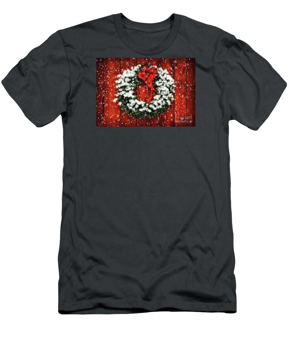 Christmas T-Shirt featuring the photograph Snowy Christmas Wreath by Lois Bryan