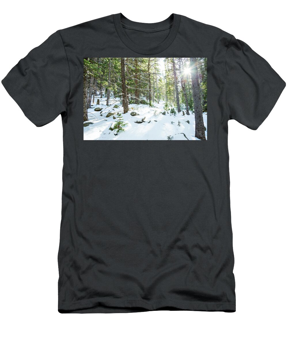 Backcountry T-Shirt featuring the photograph Snowy Forest Wilderness Playground by James BO Insogna