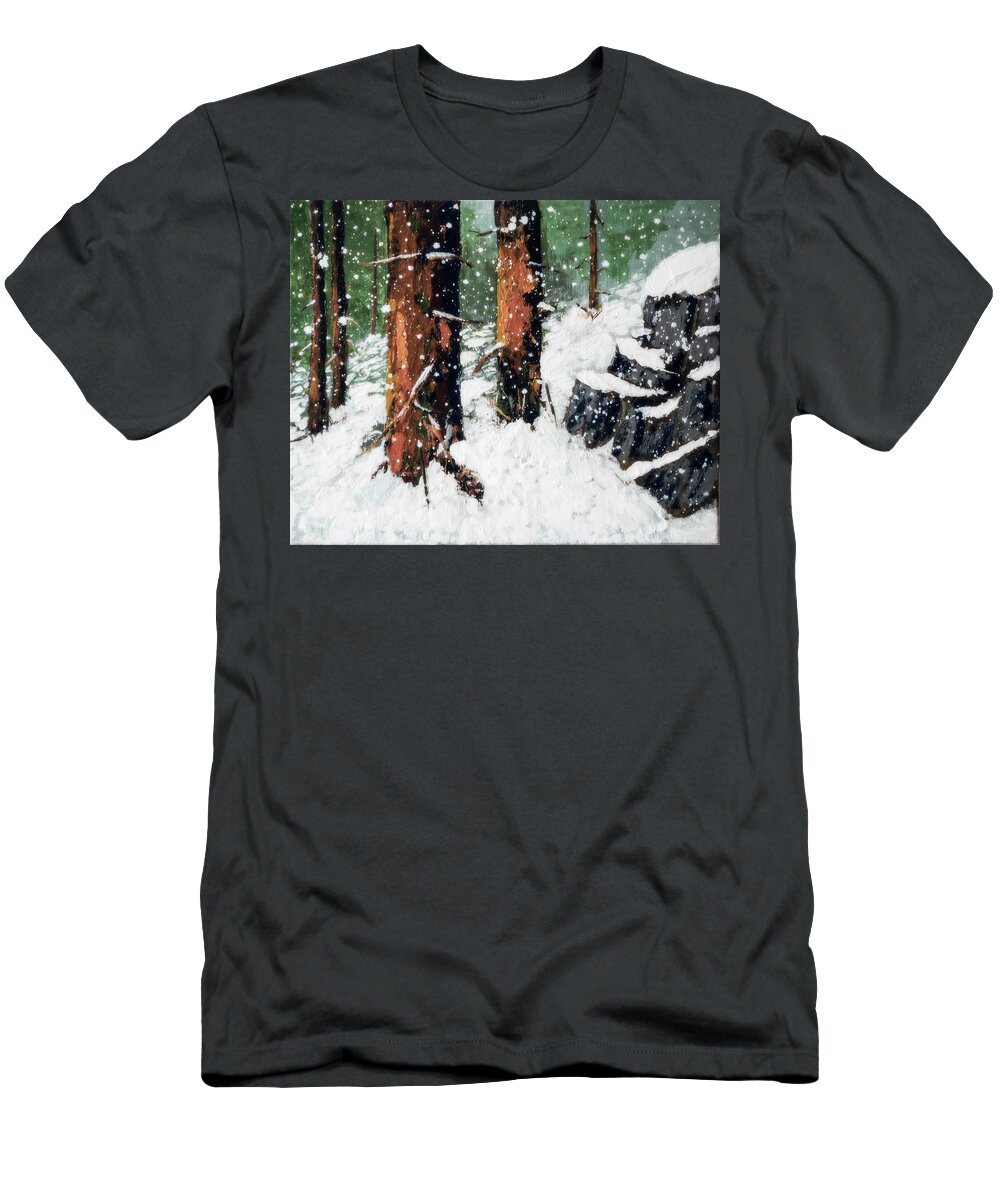 Redwood In Snow T-Shirt featuring the painting Snowy Redwood Dream by L J Oakes