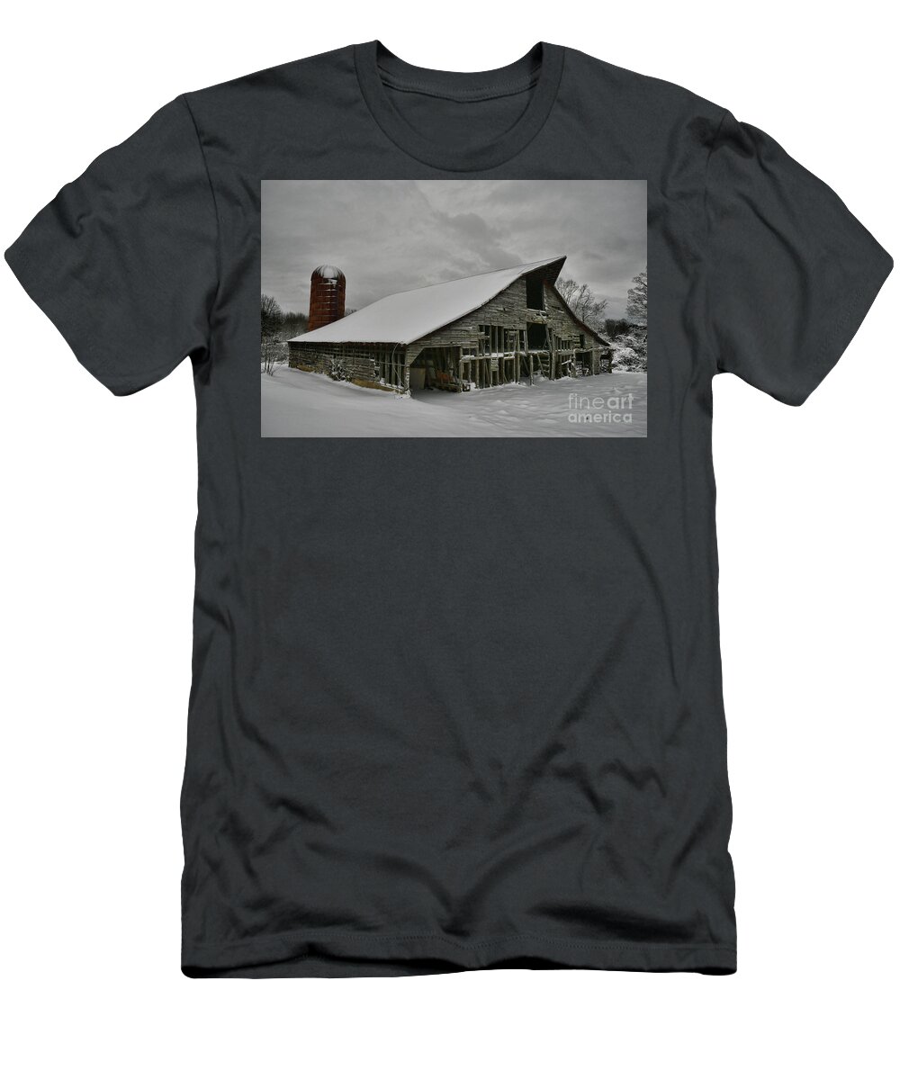 Barn T-Shirt featuring the photograph Snowy Thunder by Randy Rogers