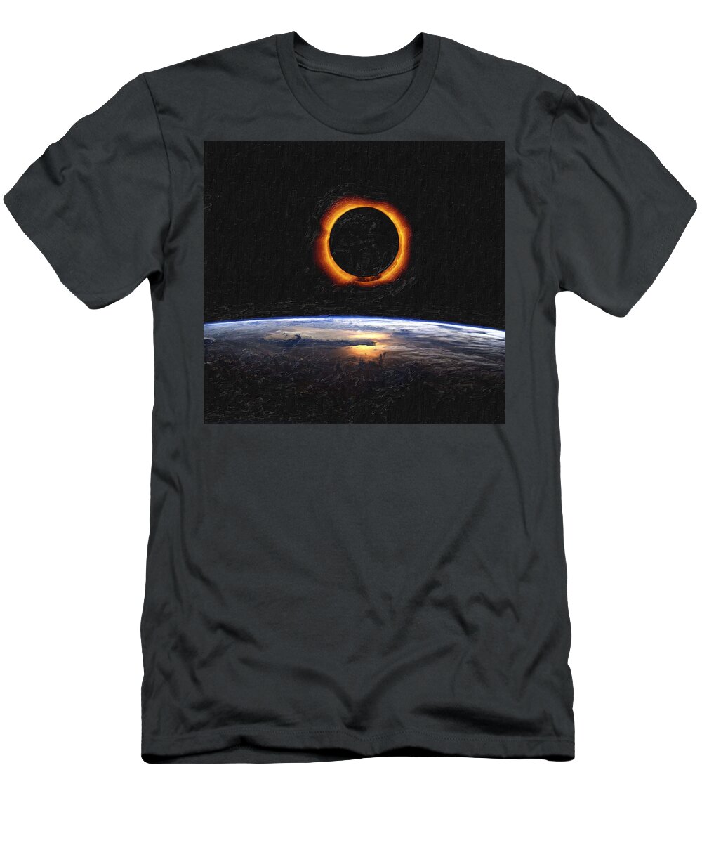 Sun T-Shirt featuring the painting Solar Eclipse from above the earth painting by Celestial Images