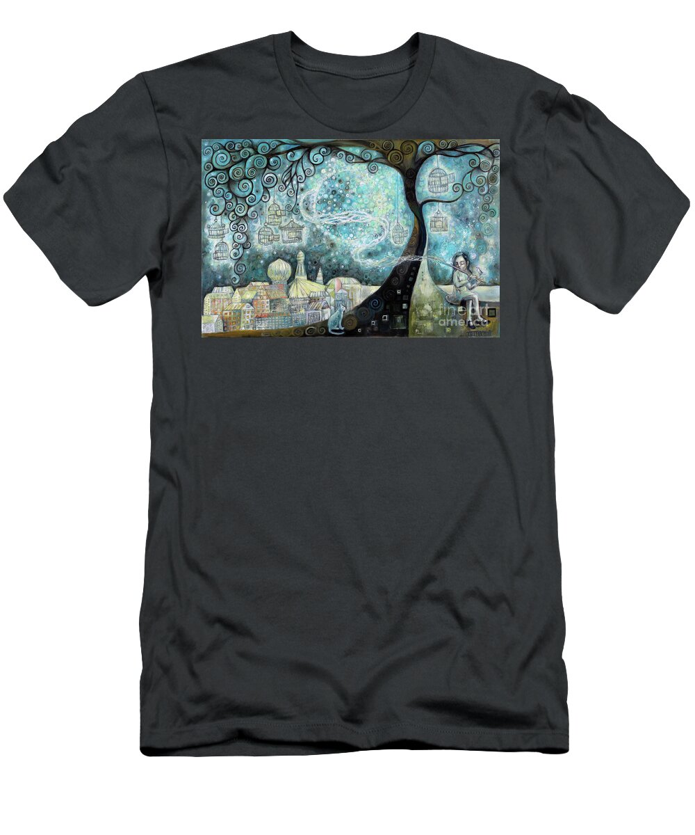 Moon T-Shirt featuring the painting Song of Freedom by Manami Lingerfelt