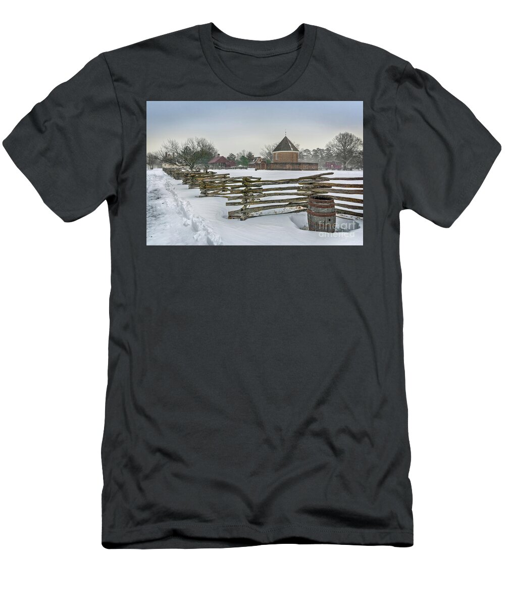 Split Rail Fence In Winter Colonial Williamsburg T-Shirt featuring the photograph Split Rail Fence in Front of Colonial Williamsburg Magazine by Karen Jorstad