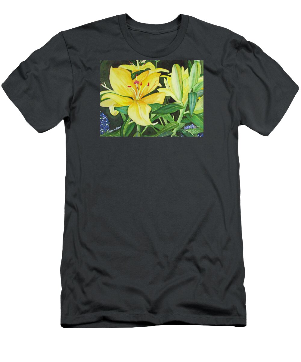 Hao Aiken T-Shirt featuring the painting Spring Gold - Lilies Watercolor by Hao Aiken