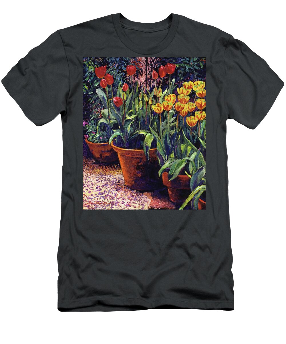 Gardens T-Shirt featuring the painting Spring Tulip Pots by David Lloyd Glover