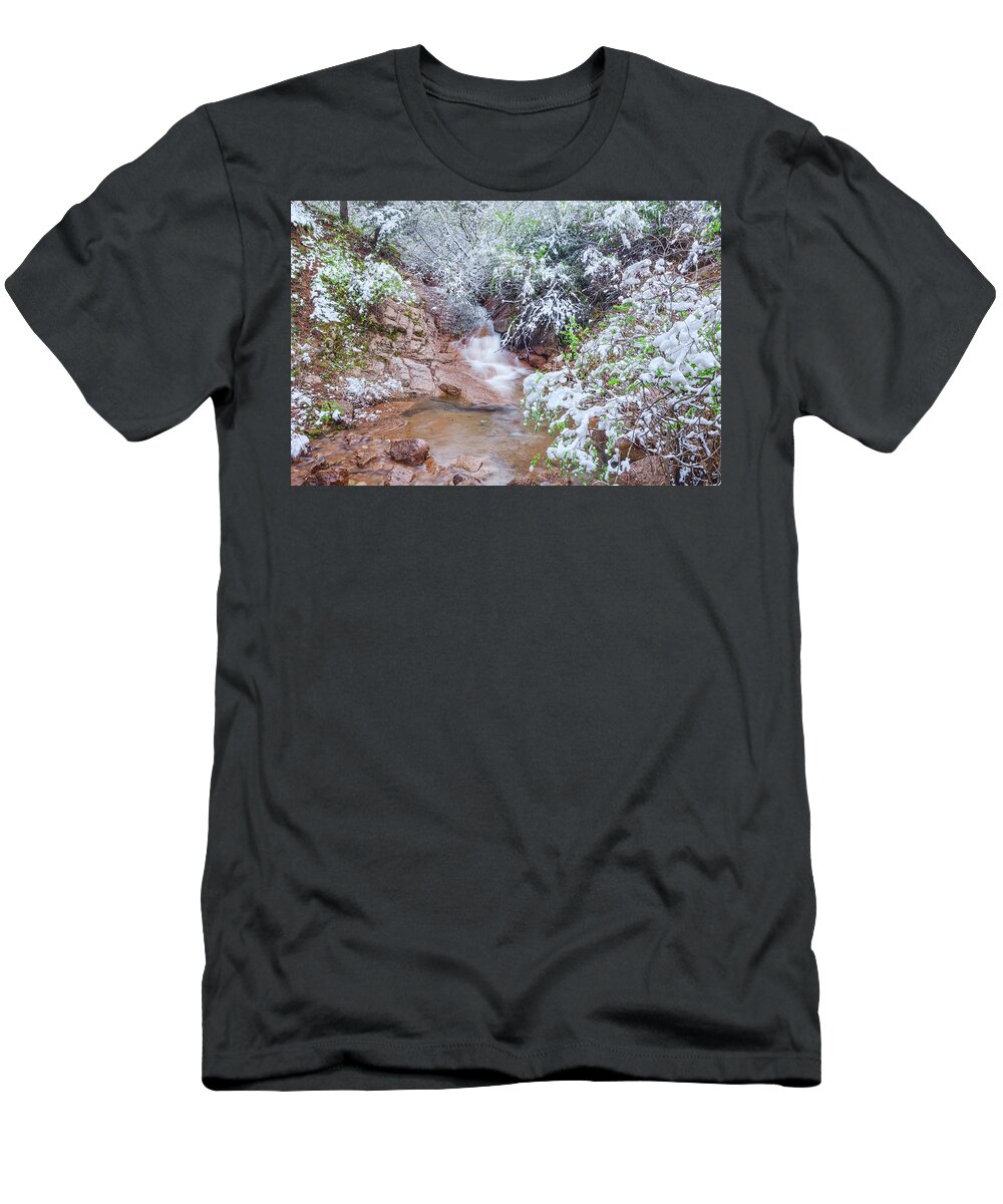 North Cheyenne Creek T-Shirt featuring the photograph Springtime In The Colorado Rockies Implies Heavy, Slushy Snow, And Lots Of It. by Bijan Pirnia