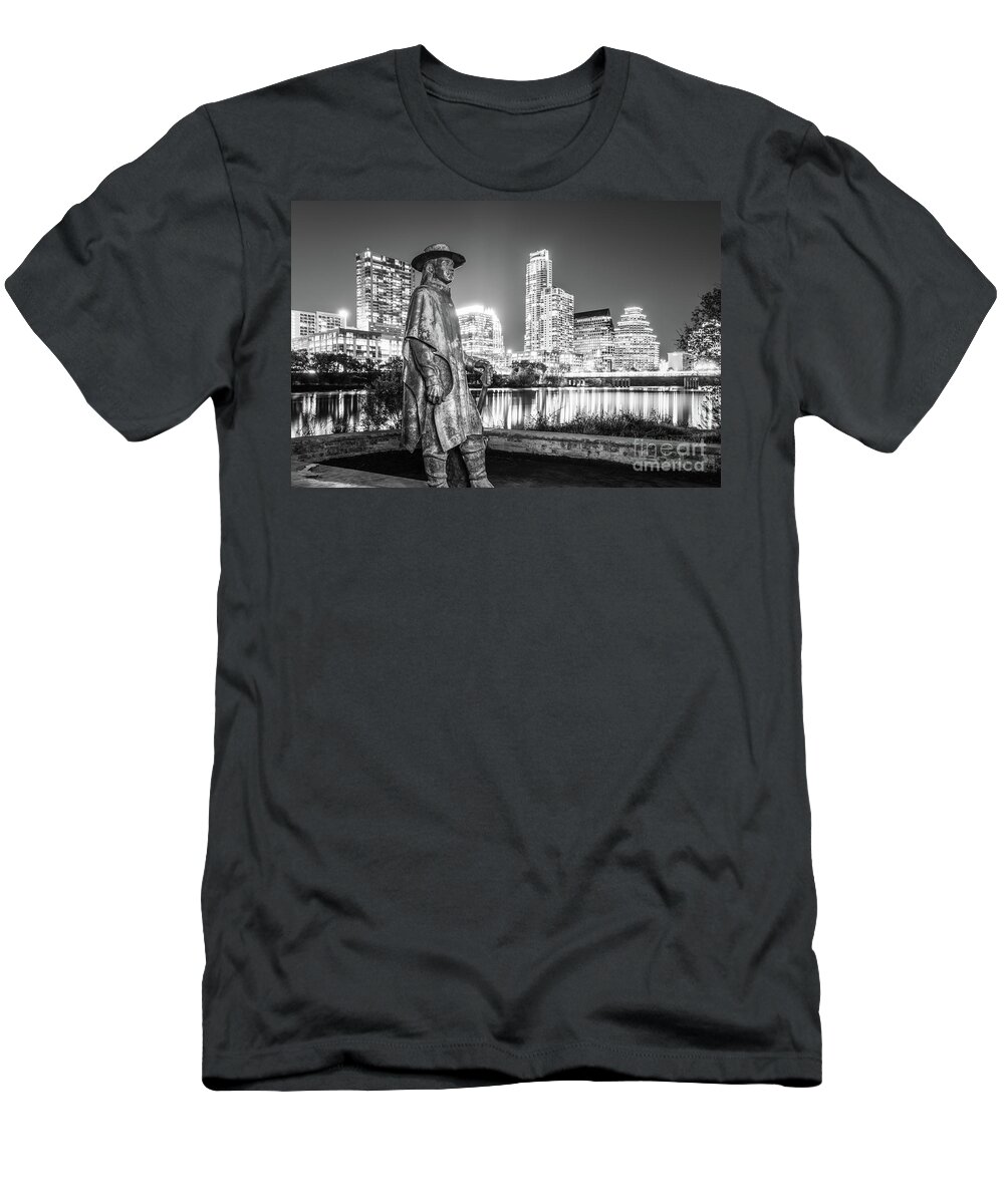 America T-Shirt featuring the photograph SRV Statue and Austin Skyline in Black and White by Paul Velgos