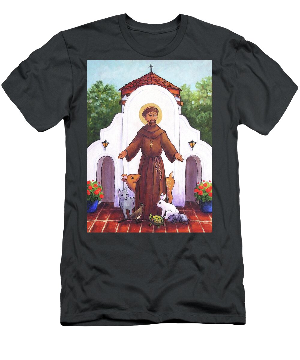 St. Francis T-Shirt featuring the painting St. Francis at Holy Cross by Candy Mayer