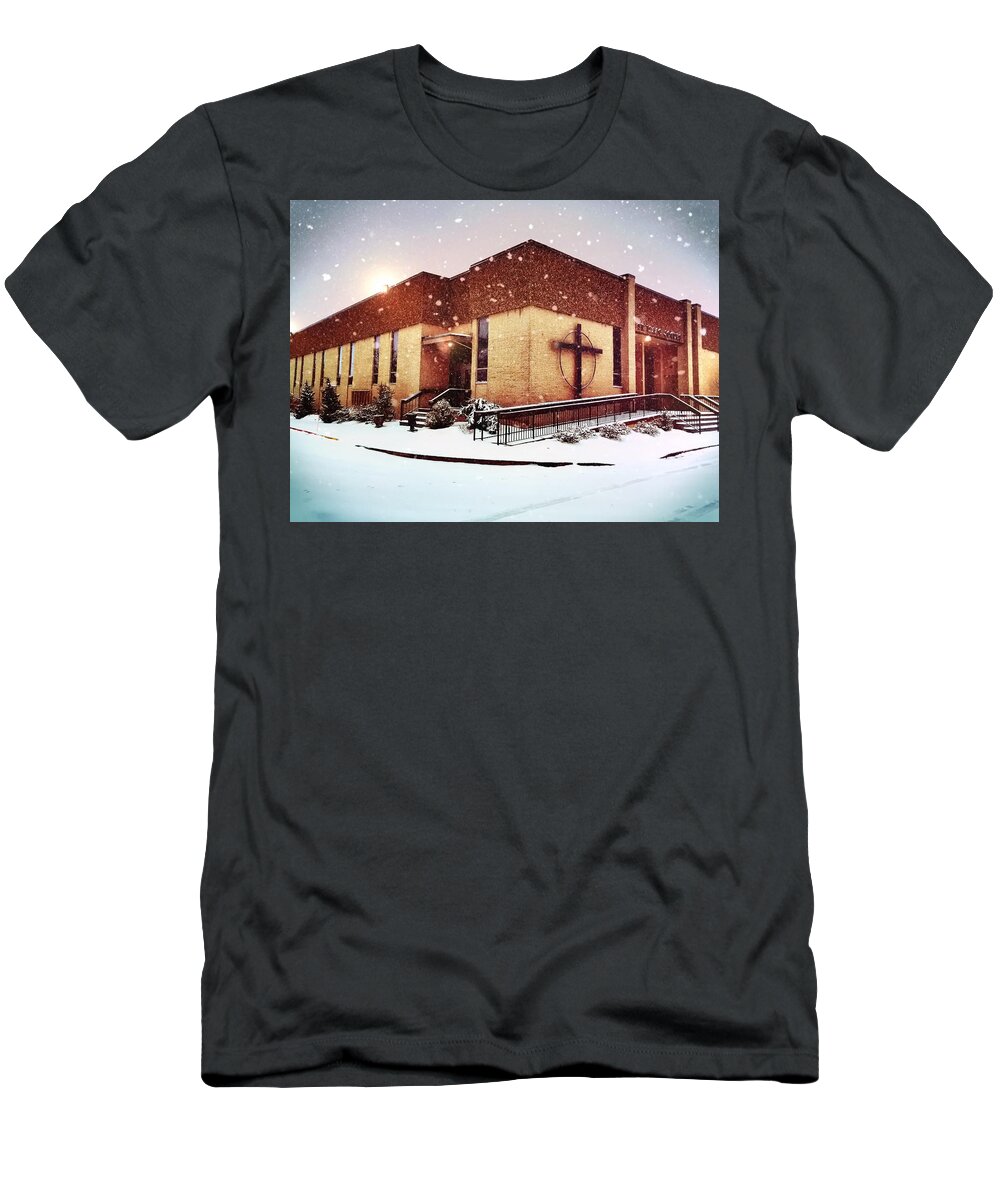 Church T-Shirt featuring the photograph St. Isaac Jogues in the Snow by Chris Montcalmo