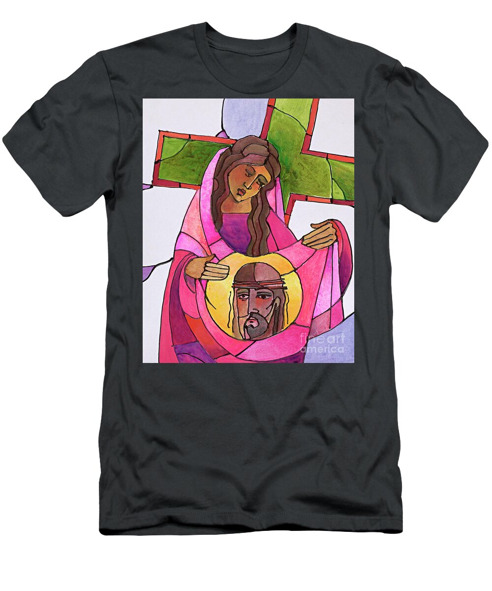 Stations Of The Cross - 06 St. Veronica Wipes The Face Of Jesus T-Shirt featuring the painting Stations of the Cross - 06 St. Veronica Wipes the Face of Jesus - MMVEW by Br Mickey McGrath OSFS