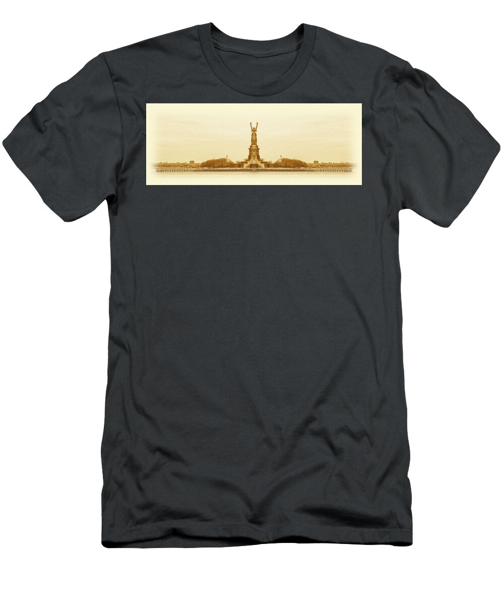 History T-Shirt featuring the digital art Statue of Liberty Old Yellow Reflection by Pelo Blanco Photo