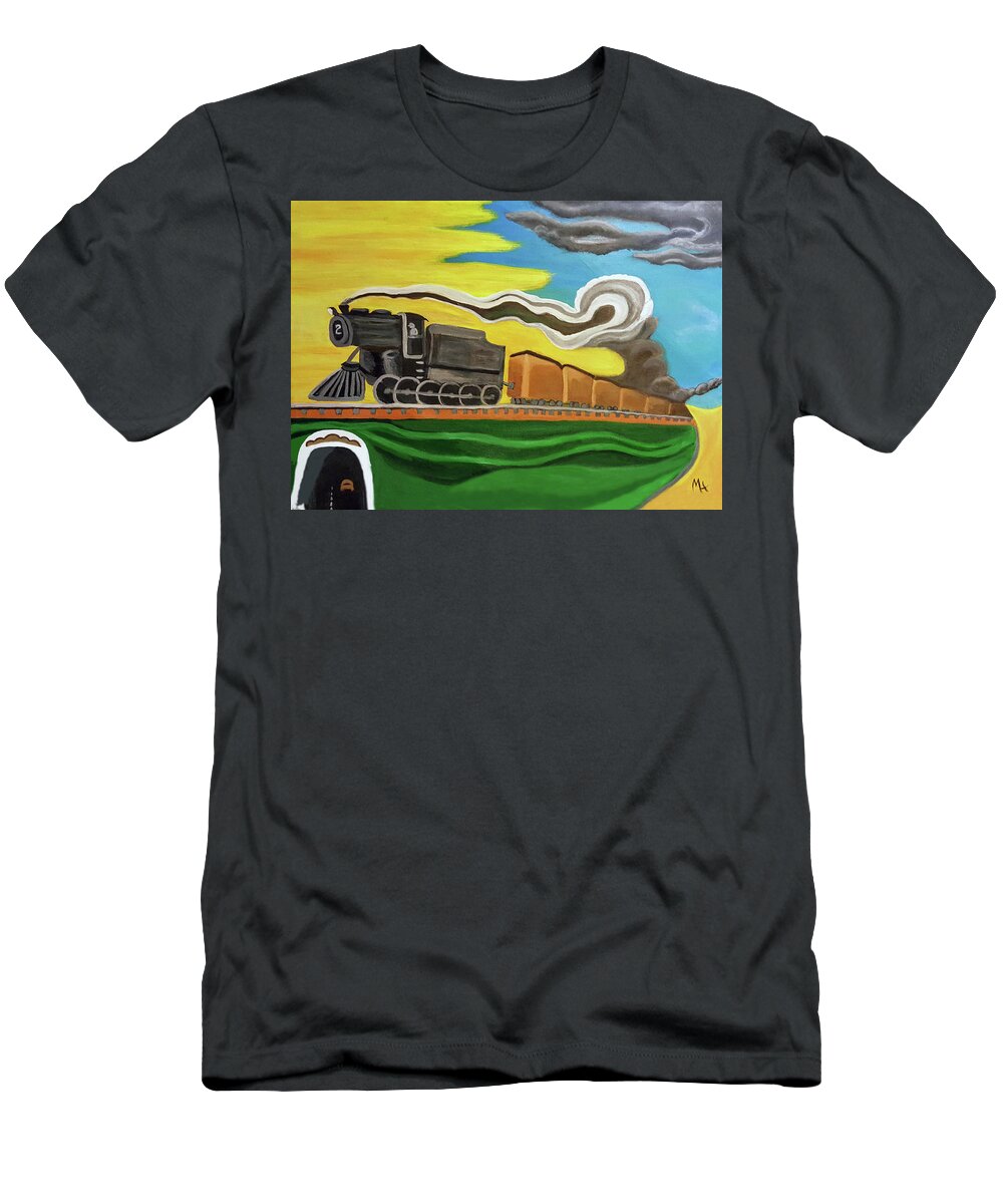 Train T-Shirt featuring the painting Steaming West Bound by Margaret Harmon