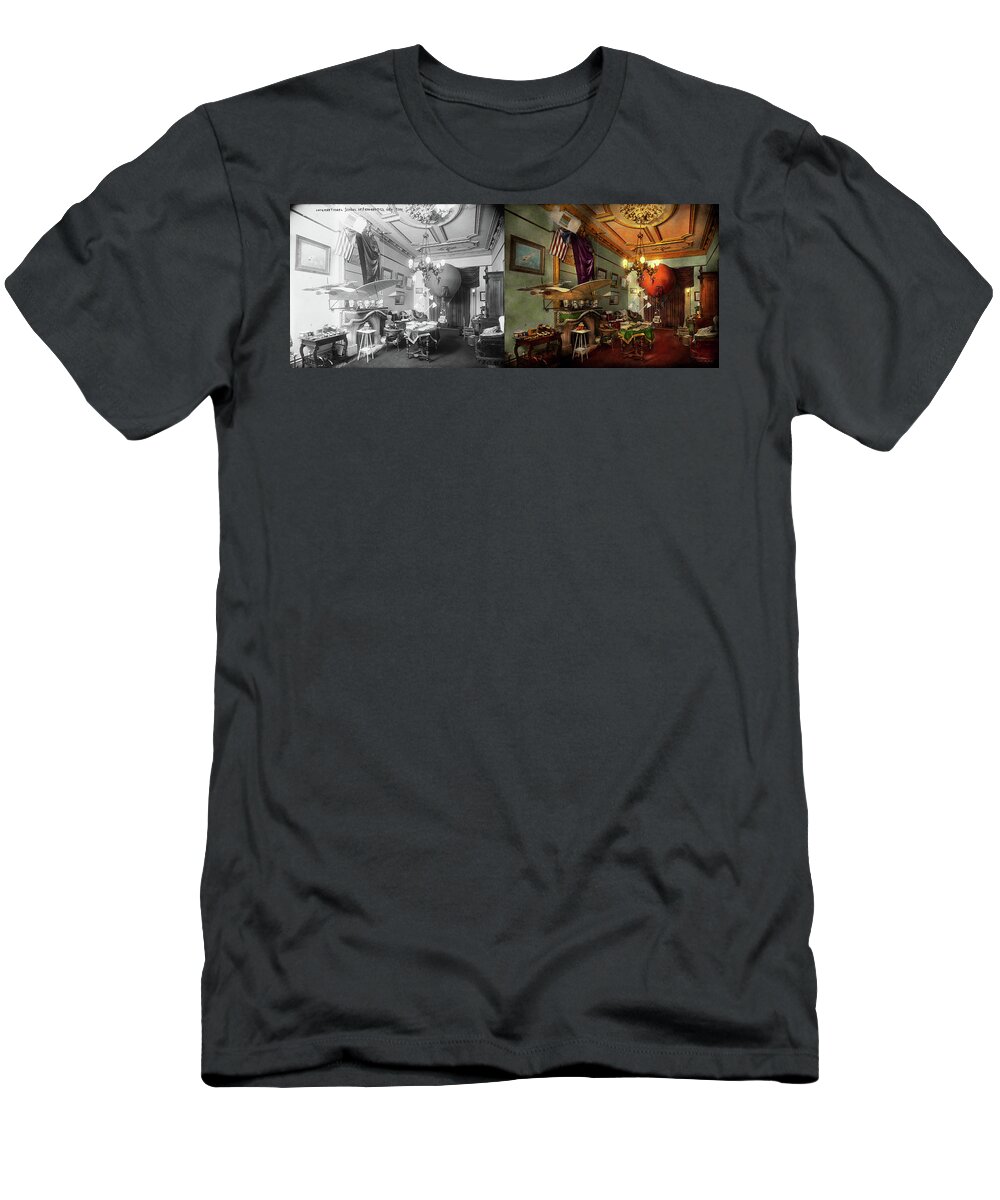 Pilot Art T-Shirt featuring the photograph Steampunk - Hall of wonderment 1908 - Side by Side by Mike Savad