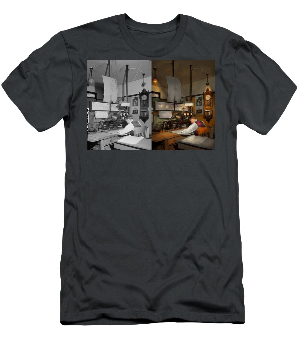 Train Dispatch T-Shirt featuring the photograph Steampunk - RR - The train dispatcher 1943 Side by Side by Mike Savad
