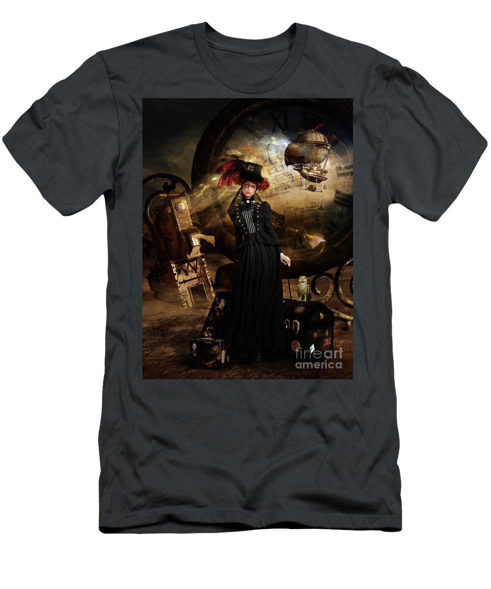 Steampunk Time Travel T-Shirt featuring the digital art Steampunk Time Traveler by Shanina Conway