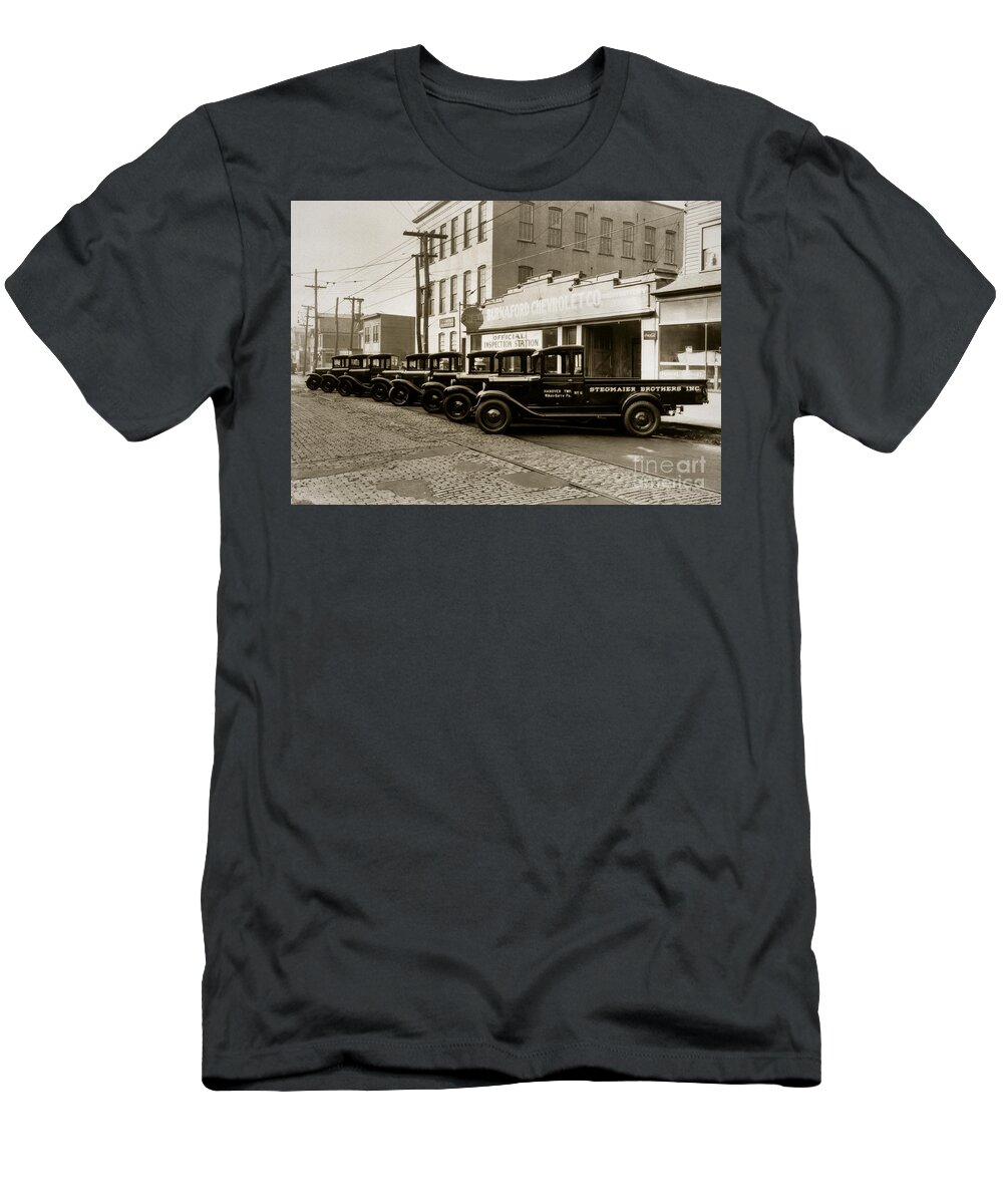 Stegmaier Brothers Inc T-Shirt featuring the photograph Stegmaier Brothers Inc Beer Trucks at 693 Hazle Ave Wilkes Barre PA 1930s by Arthur Miller