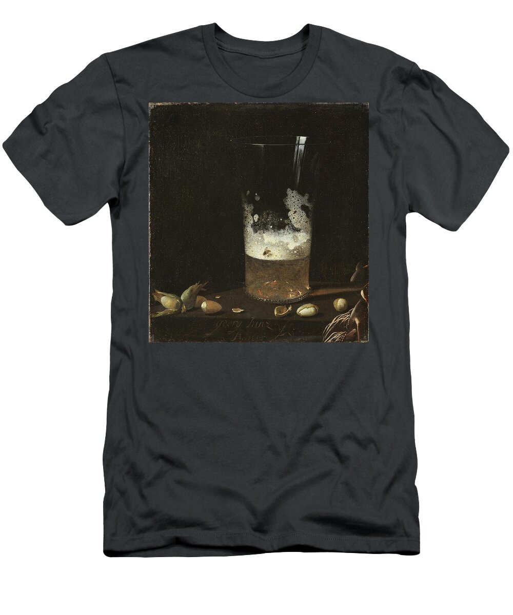 Johann Georg Hainz T-Shirt featuring the painting Still Life with a Glass of Beer and Nuts by Johann Georg Hainz
