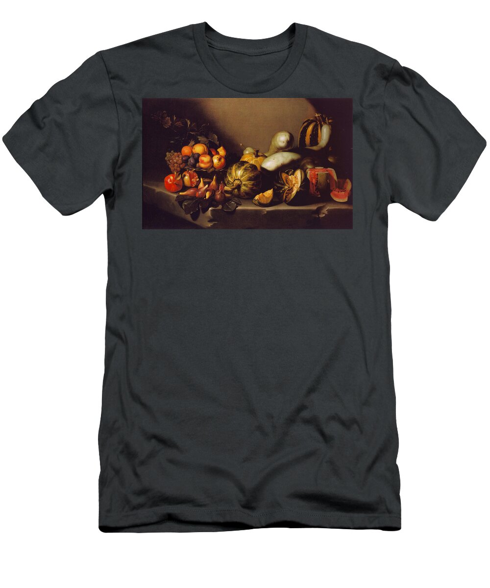 Still Life With Fruit On A Stone Ledge (c. 1601-05). Caravaggio T-Shirt featuring the painting Still Life with Fruit on a Stone Ledge by MotionAge Designs