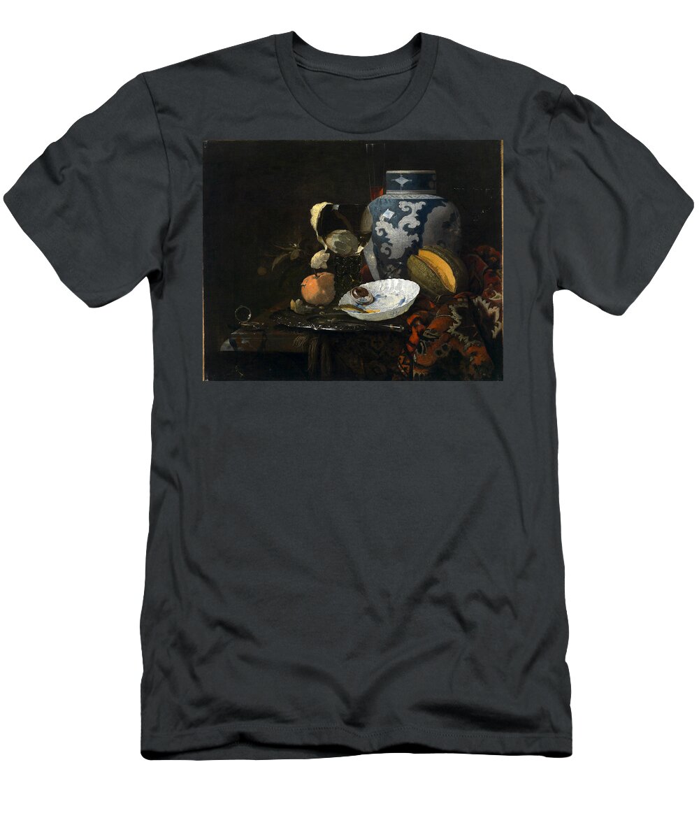 Willem Kalf T-Shirt featuring the painting Still life with ginger pot and porcelain bowl by Willem Kalf