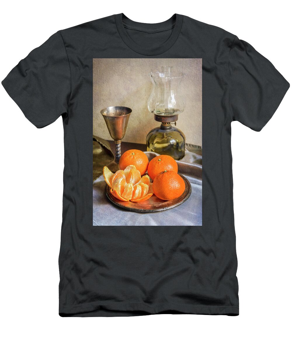 Still Life T-Shirt featuring the photograph Still life with oil lamp and fresh tangerines by Jaroslaw Blaminsky