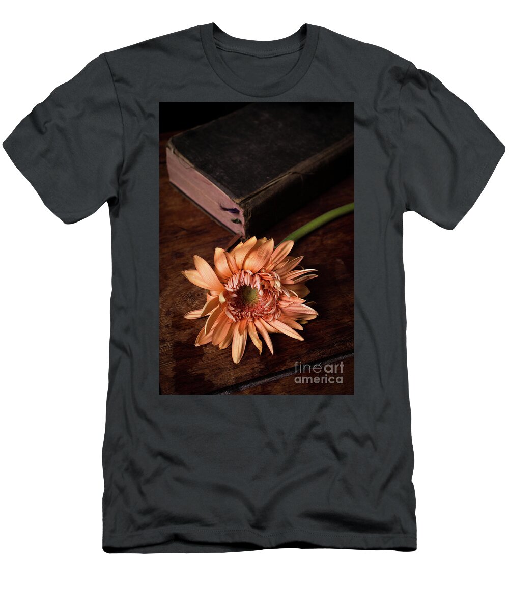 Flowers T-Shirt featuring the photograph Still life with orange flower and old Bible by Edward Fielding
