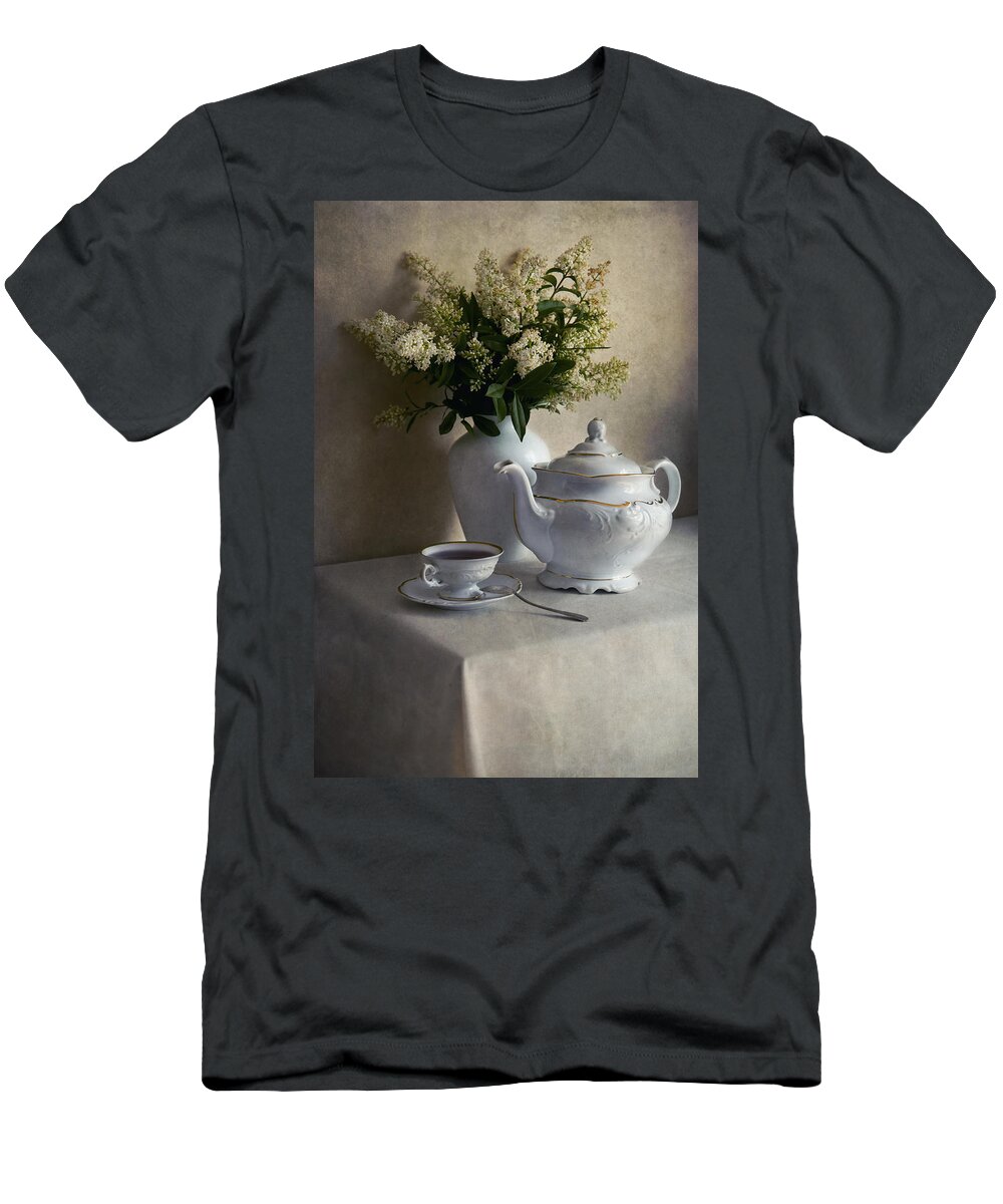 Still Life T-Shirt featuring the photograph Still life with white tea set and bouquet of white flowers by Jaroslaw Blaminsky