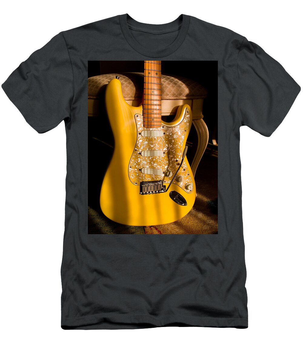 Guitar T-Shirt featuring the digital art Stratocaster Plus In Graffiti Yellow by Guitarwacky Fine Art