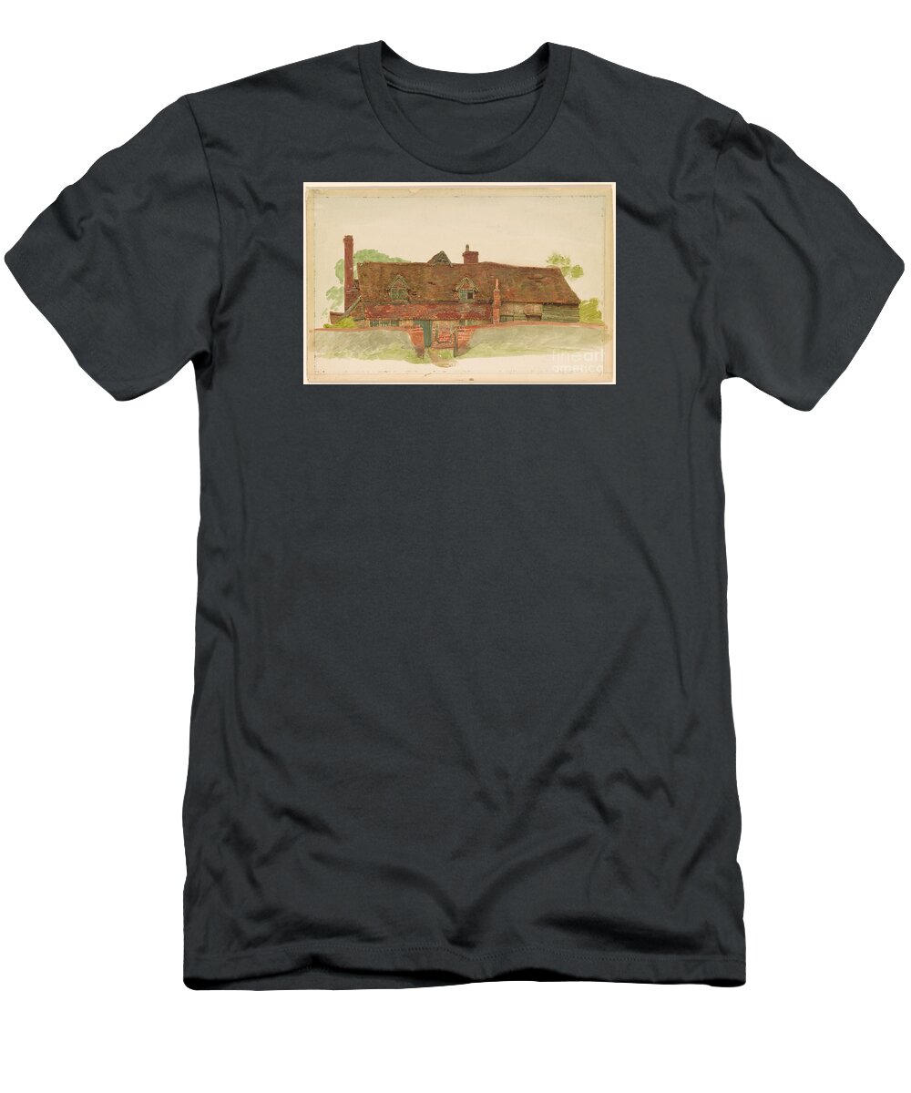 Kate Greenaway 1846-1901 Study Of A Long Cottage With Dormer Windows And Tiled Upper Wall. Beautiful House T-Shirt featuring the painting Study of a Long Cottage with Dormer Windows by MotionAge Designs