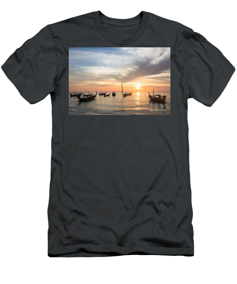 Koh Lanta T-Shirt featuring the photograph Stunning sunset over wooden boats in Koh Lanta in Thailand by Didier Marti