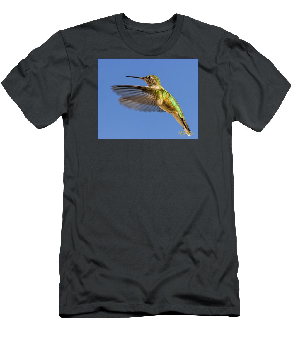 Animals T-Shirt featuring the photograph Stylized Hummingbird in Hover by Rikk Flohr