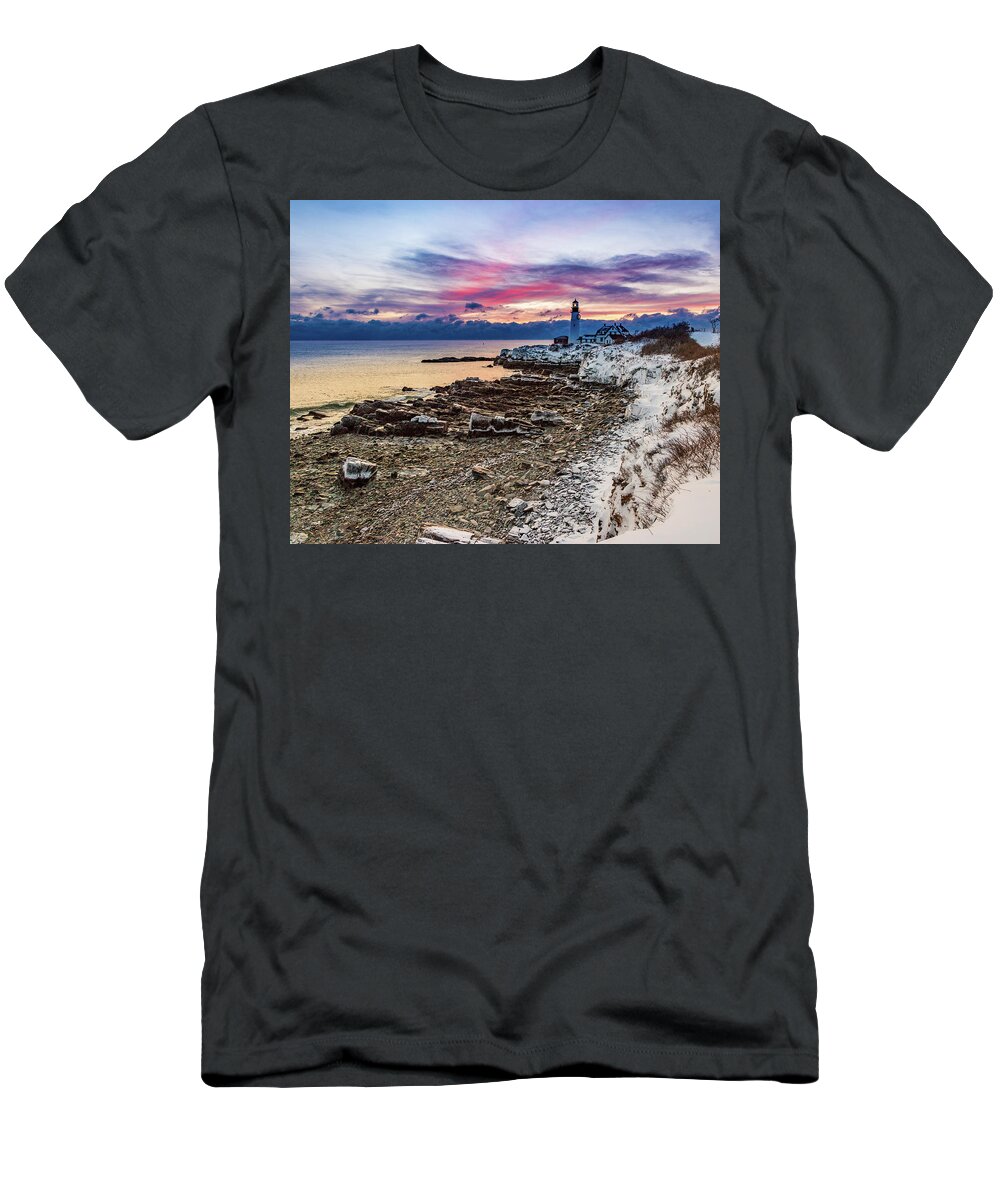 Sunrise T-Shirt featuring the photograph Subtle Sunrise at Portland Head Light by Darryl Hendricks