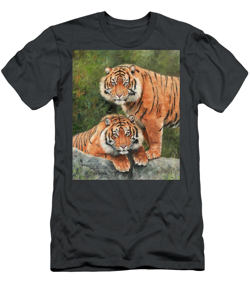 Tigers T-Shirt featuring the painting Sumatran Tigers by David Stribbling