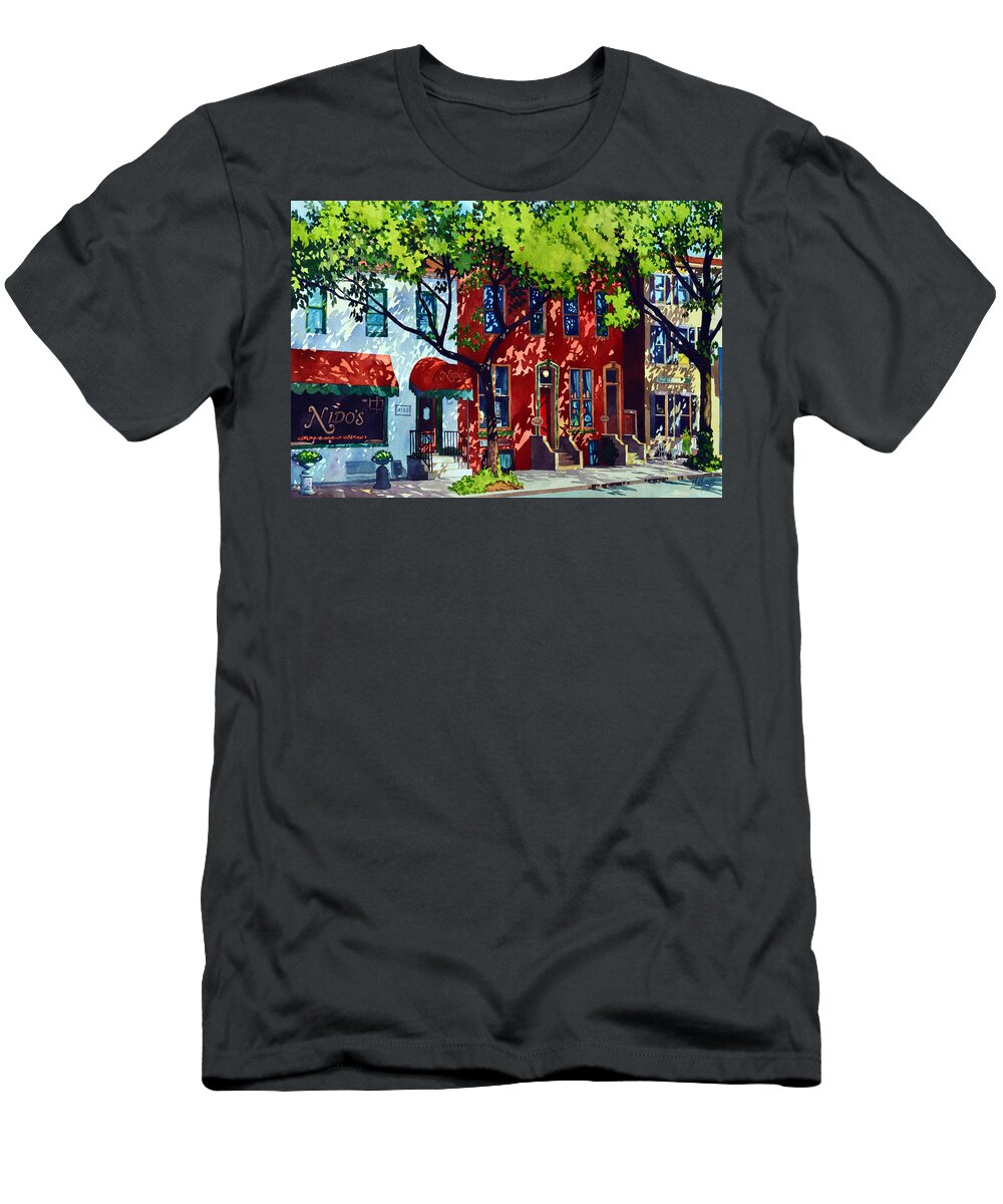 #watercolor #landscape #cityscape #streetscene #shadows #summer #painting #frederick #frederickmd T-Shirt featuring the painting Summer Shadows by Mick Williams