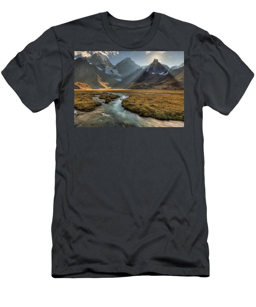 00498205 T-Shirt featuring the photograph Sun Setting Behind Jirishanca Peak by Colin Monteath