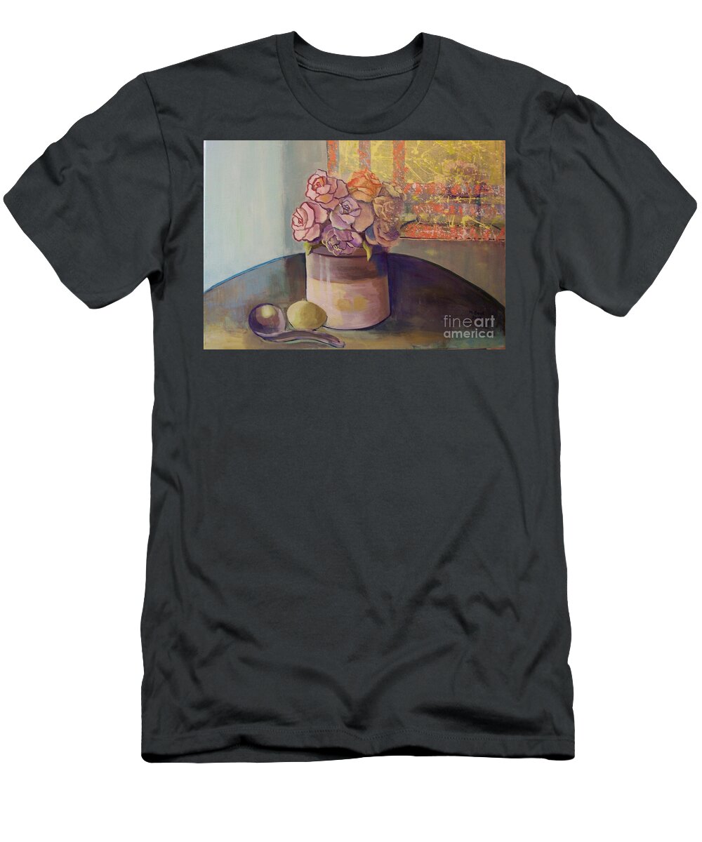 Still Life T-Shirt featuring the painting Sunday Morning Roses Through the Looking Glass by Marlene Book