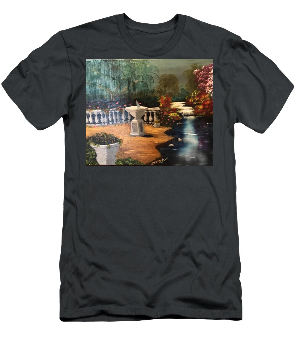 Sundial T-Shirt featuring the painting Sundial plaza by David Bartsch