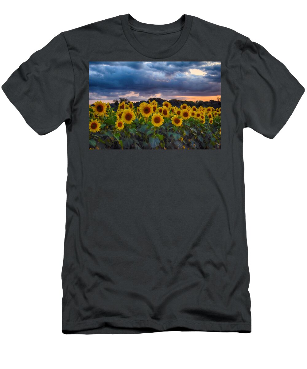 Beautiful. Beauty. Bloom. Blooming. Sunflower. Fall. Yellow. Botanical. Bright. Closeup. Color. Colorful .colors. Detailed T-Shirt featuring the photograph Sunflowers At Sunset by Tricia Marchlik