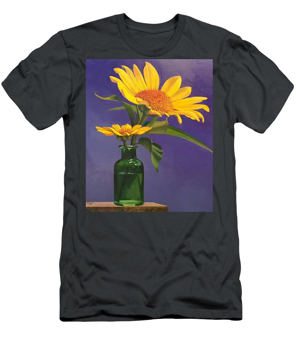 Sunflowers T-Shirt featuring the painting Sunflowers In A Green Bottle by Jessica Anne Thomas