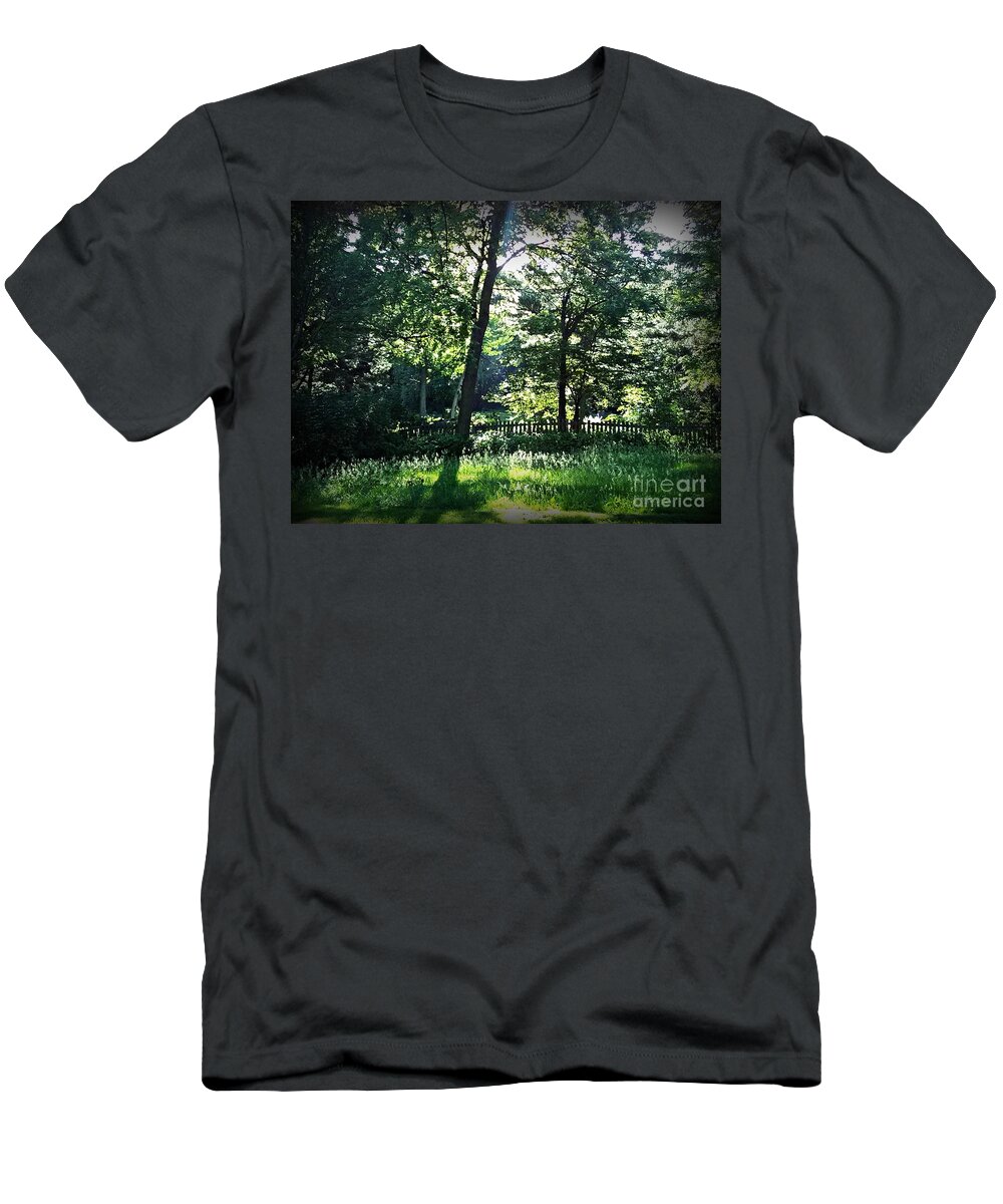 Sunlight T-Shirt featuring the photograph Sunlight Through Trees and Fence by Frank J Casella