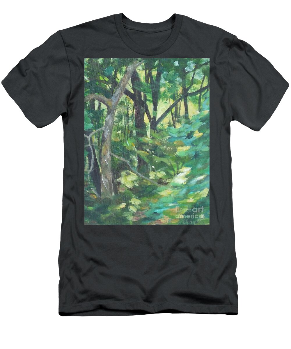 Tree T-Shirt featuring the painting Sunlit Backyard by Claire Gagnon