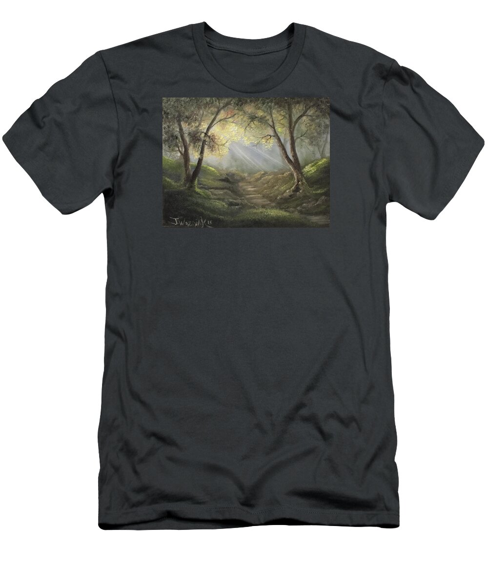 Sunlit Forrest Trees Water Sky Landscape Oil Canvas Painting T-Shirt featuring the painting Sunlit Forrest by Justin Wozniak