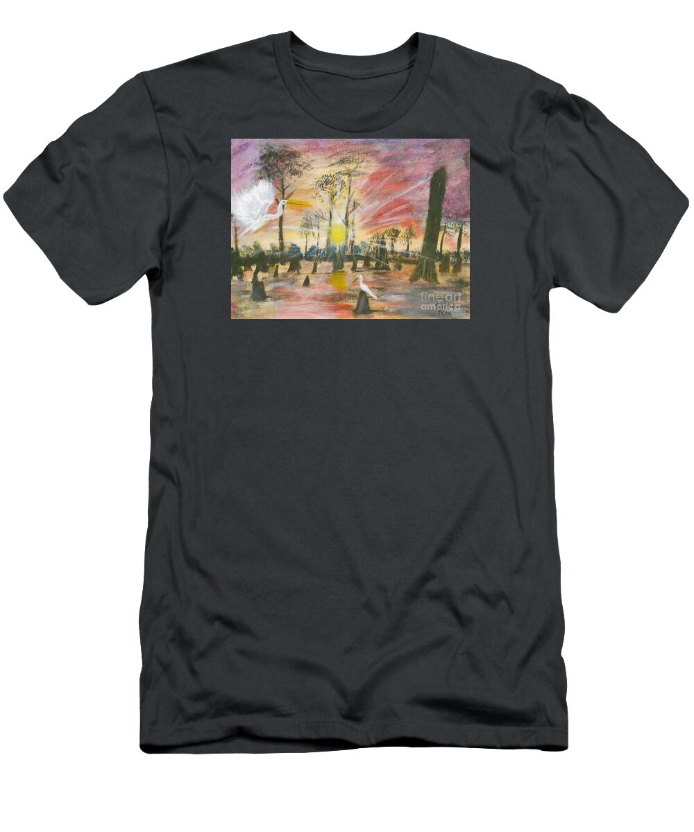 Landscape T-Shirt featuring the painting Sunrise on Highway 190 by Seaux-N-Seau Soileau