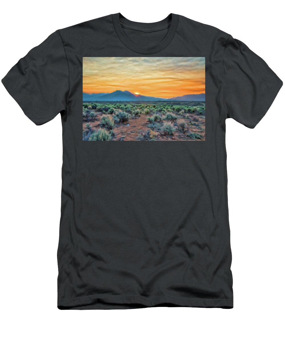  Santa T-Shirt featuring the painting Sunrise over Taos by Charles Muhle