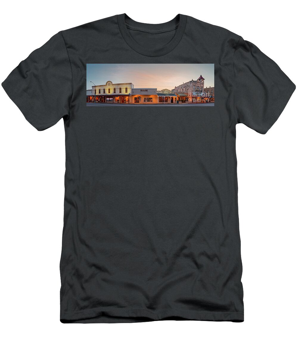 City T-Shirt featuring the photograph Sunrise Panorama of Downtown Fredericksburg Historic District - Gillespie County Texas Hill Country by Silvio Ligutti