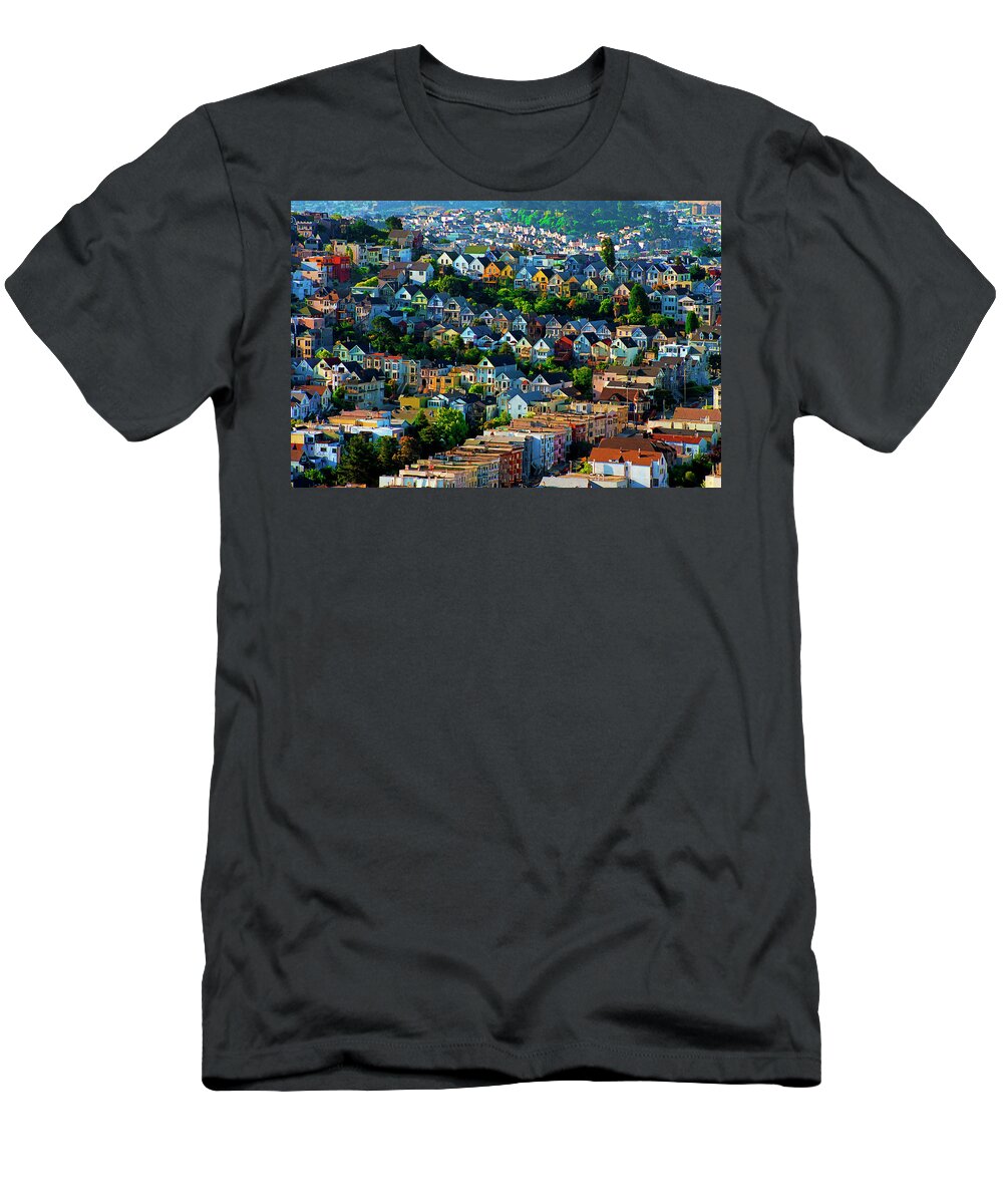 Noe Valley T-Shirt featuring the digital art Sunrise View Noe Valley San Francisco California 1988, Dry Brush Style by Kathy Anselmo
