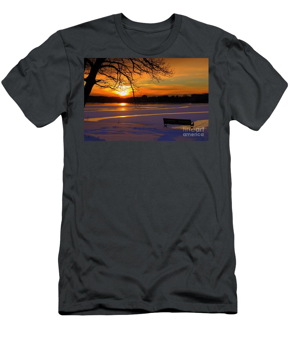 Lake T-Shirt featuring the photograph Sunset after a snowfall by Lennie Malvone