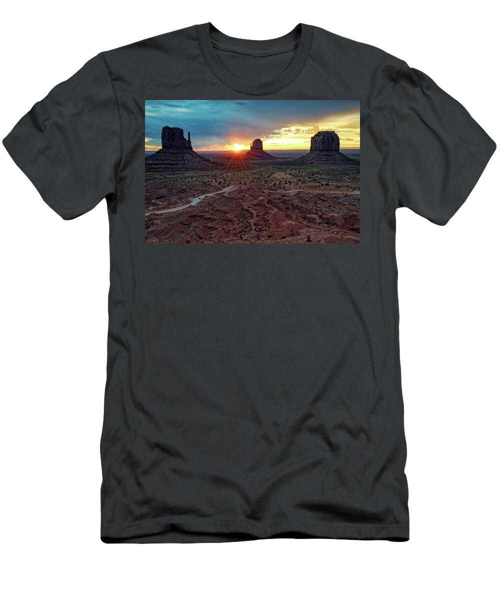 Monument Valley T-Shirt featuring the photograph Sunset at Monument Valley Navajo Tribal Park Three Mittens Arizona by Silvio Ligutti